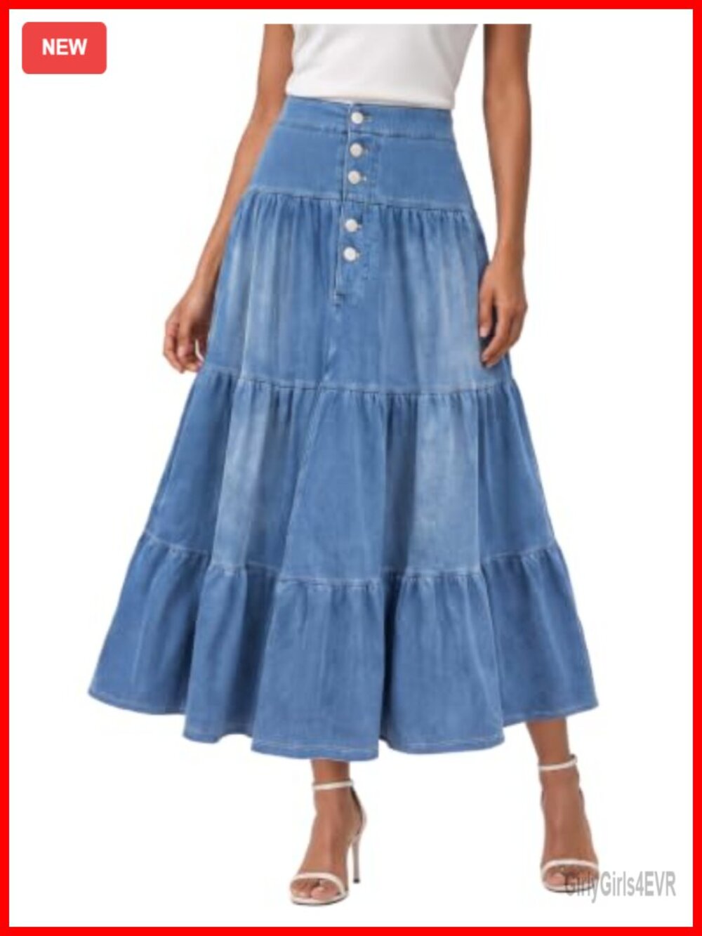 Womens High Waist 5-Button Denim Maxi Skirt Stretchy Pleated Tiered Ruffle